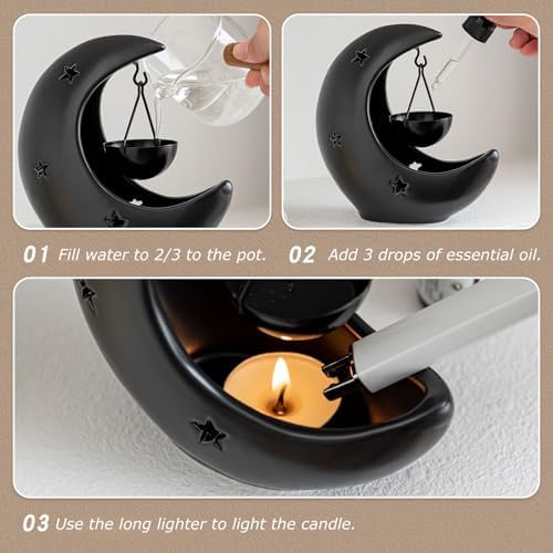 Crescent Moon Ceramic Essential Oil Burner Black
