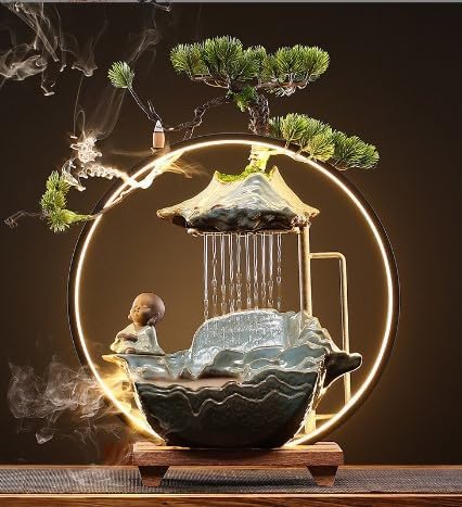 AngelcityCC Tabletop Water Fountain with LED Light and Incense Holder