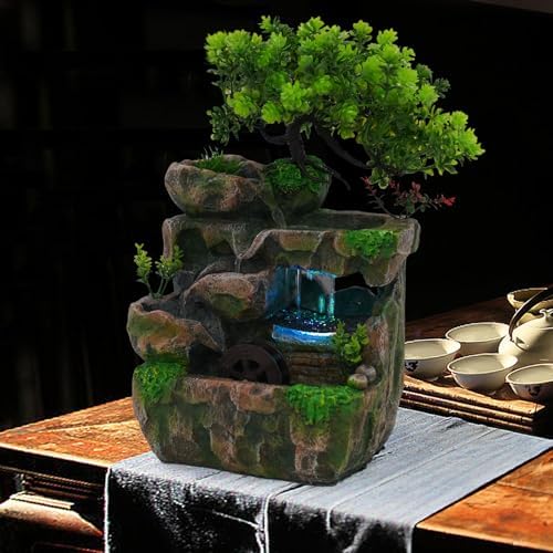 BenHookyle Tabletop Fountain with LED Light and Artificial Trees