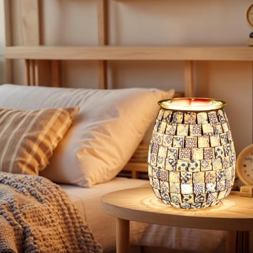 Dicimi Mosaic Glass Wax Warmer with Night Light and Essential Oil Diffuser