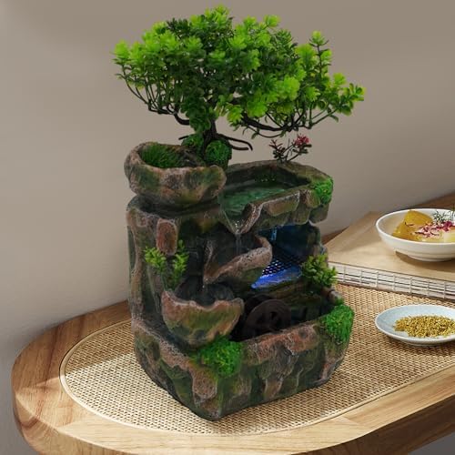 Mini Waterfall Tabletop Fountain with LED Lights and Automatic Pump