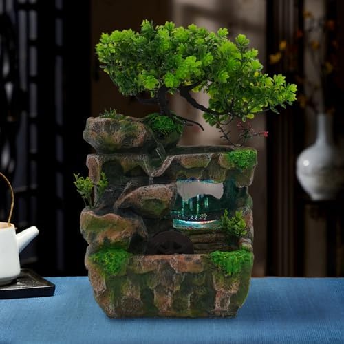 BenHookyle Tabletop Fountain with LED Light and Artificial Trees