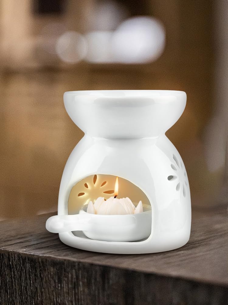 Ceramic Oil Burner with Flower Pattern and Candle Spoon