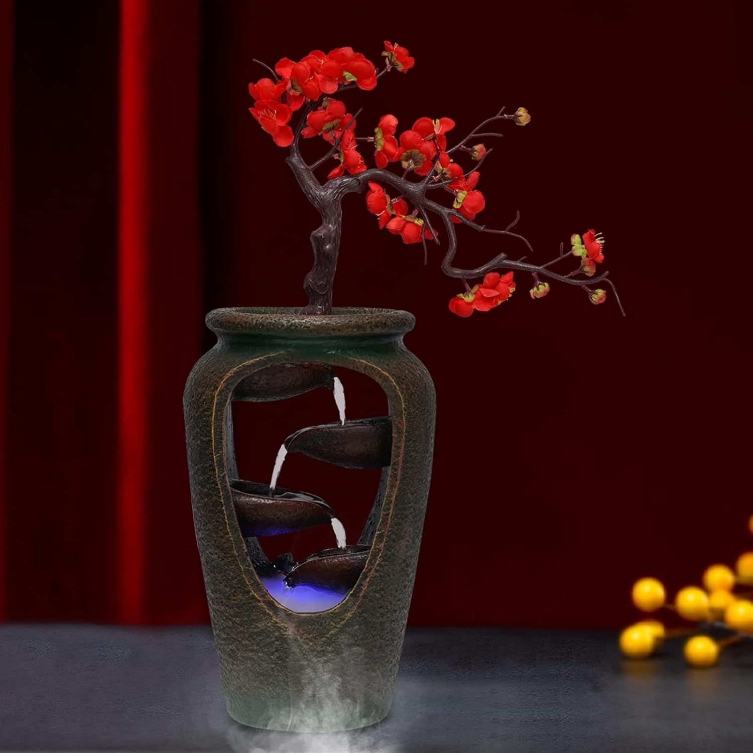 Indoor Desktop Fountain with LED Light and Plum Blossoms