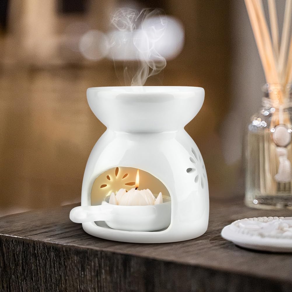 Ceramic Oil Burner with Flower Pattern and Candle Spoon