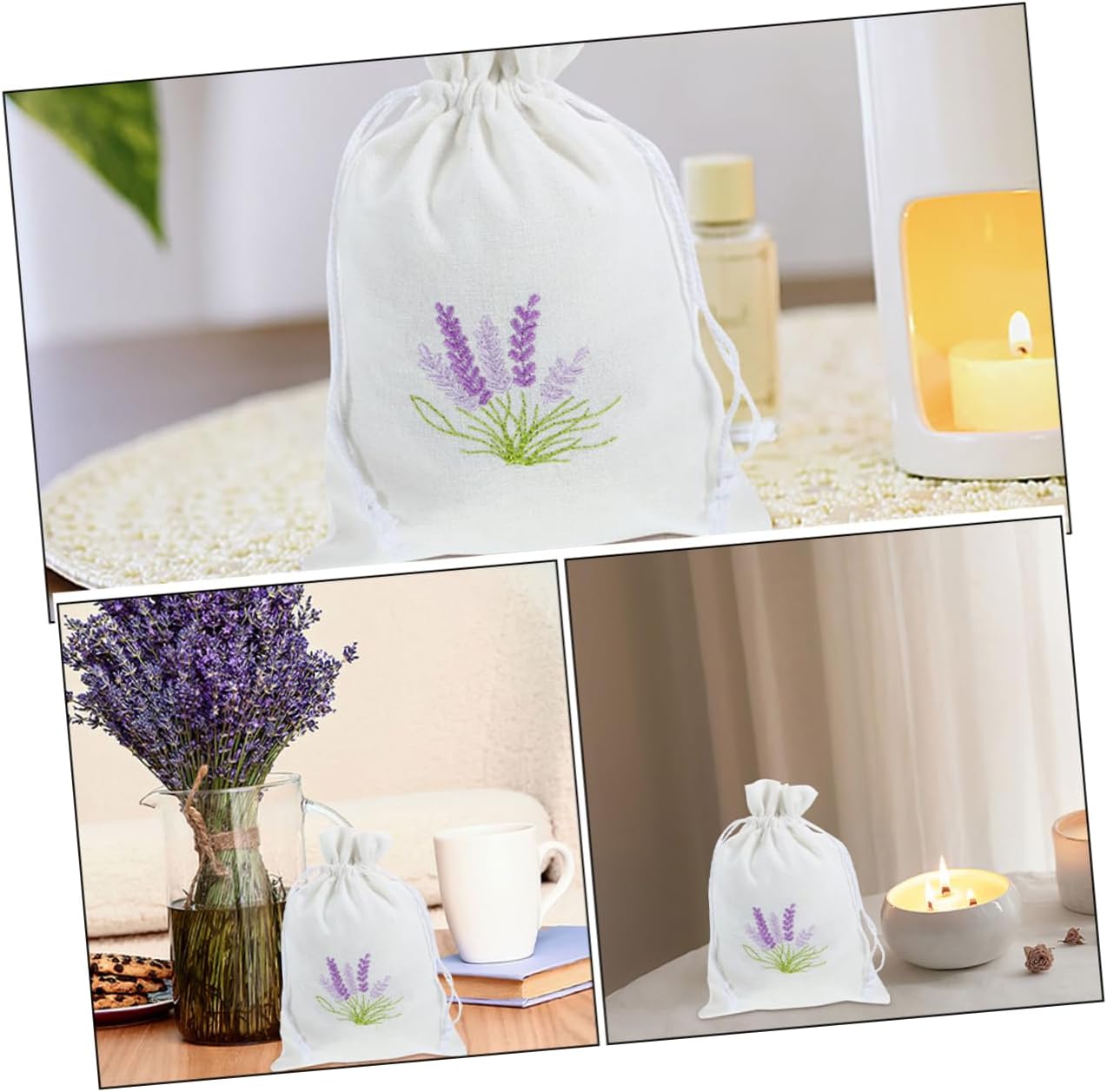 VALICLUD 4Pcs Embroidered Lavender Drawstring Pouches