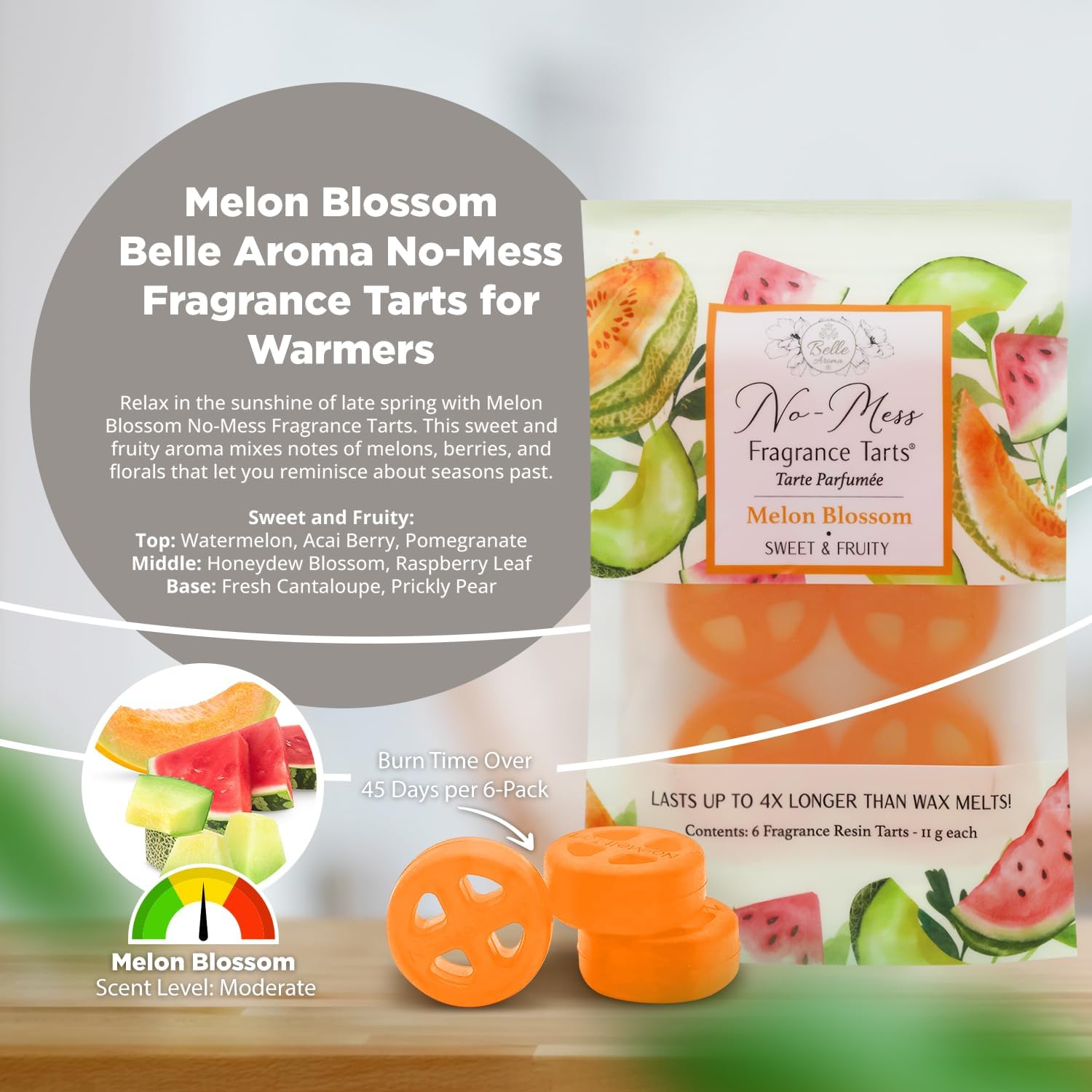 No-Mess Fragrance Tarts - 6 Mini Melon Blossom Scented Resin Wax Melts