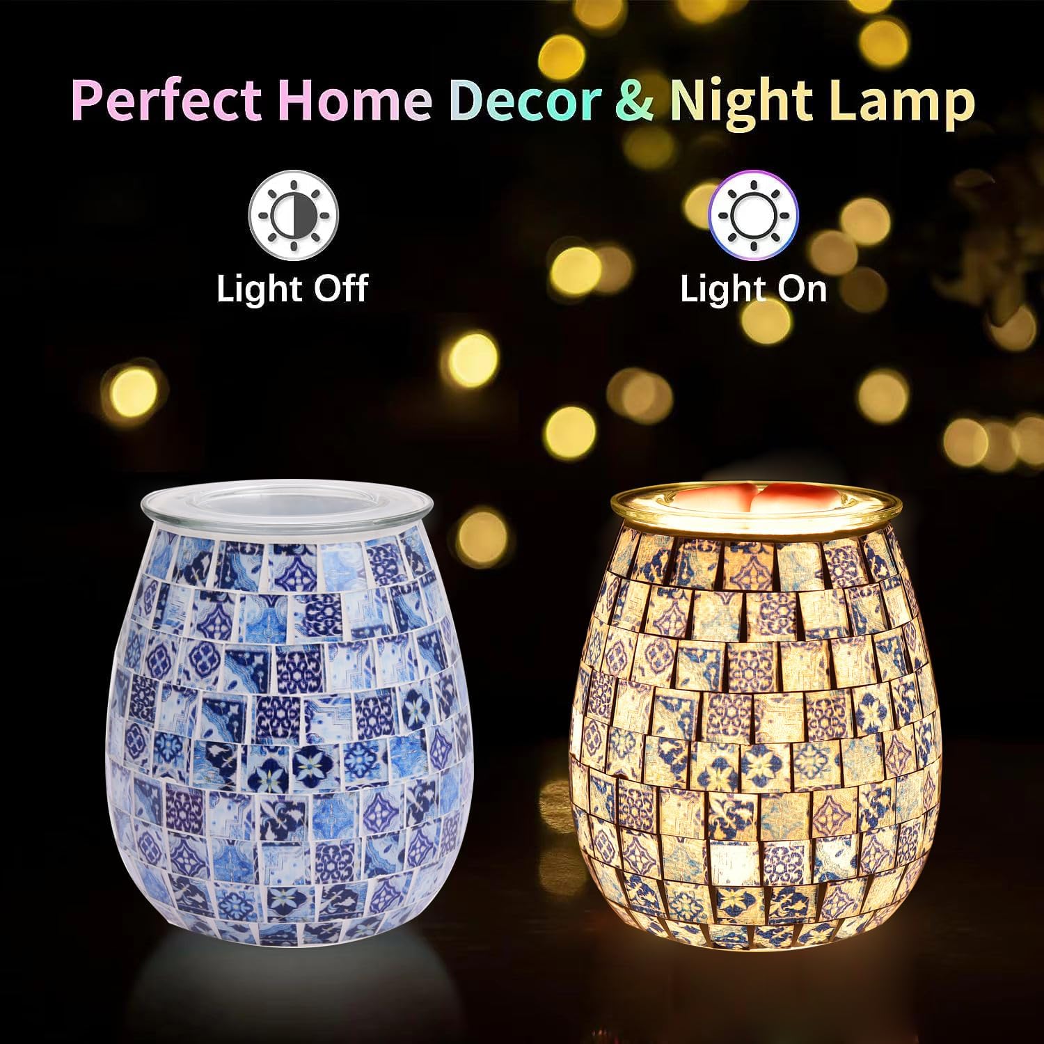 Dicimi Mosaic Glass Wax Warmer with Night Light and Essential Oil Diffuser
