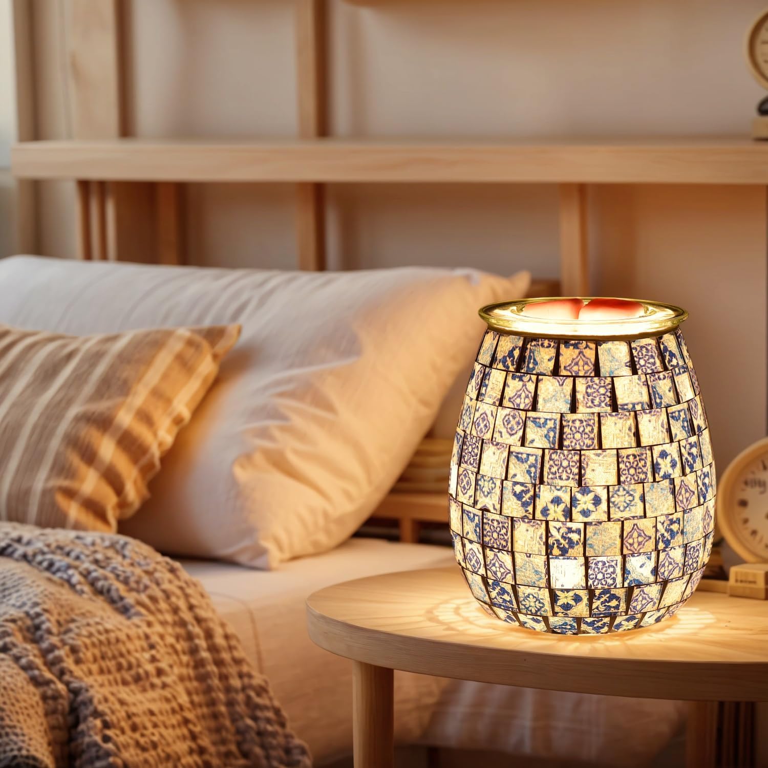 Dicimi Mosaic Glass Wax Warmer with Night Light and Essential Oil Diffuser