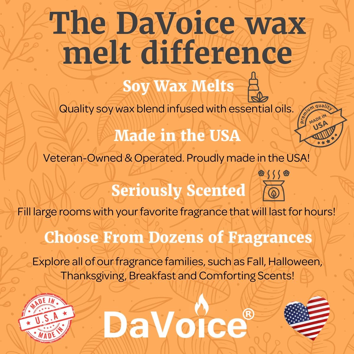 DaVoice Fall Wax Melts Soy Wax Blend - 6 Cubes Pumpkin Vanilla Marshmallow Scent