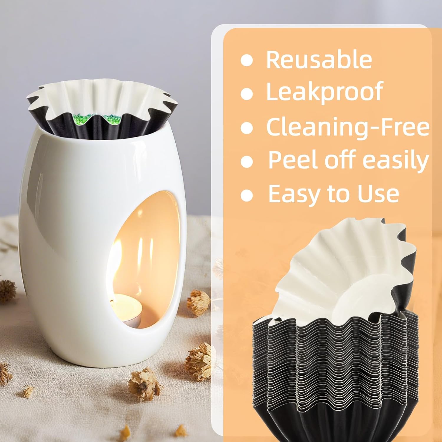 50PCS Reusable Wax Melt Liners - Leakproof Black Cups for Wax Warmers