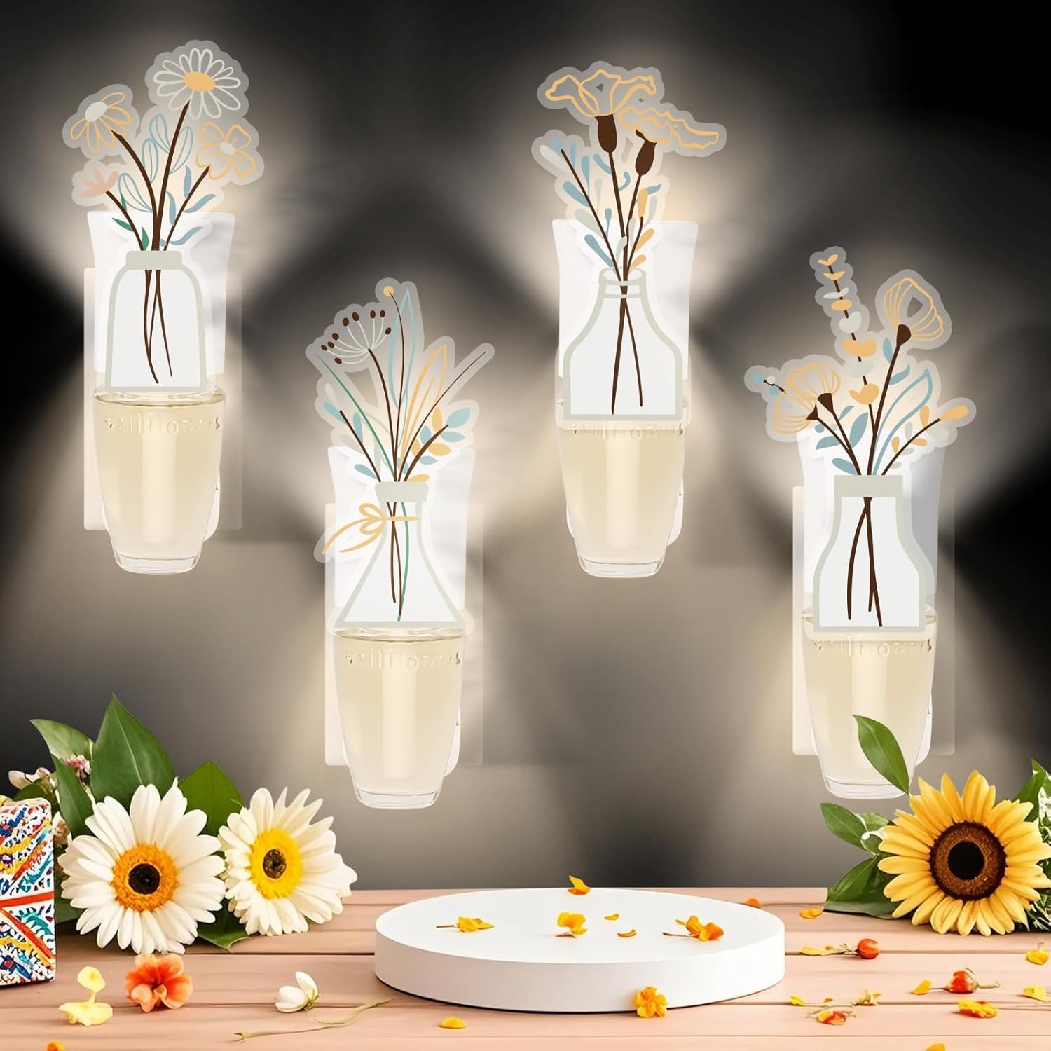 4 Pack Boho Flower Scented Candle with Night Light