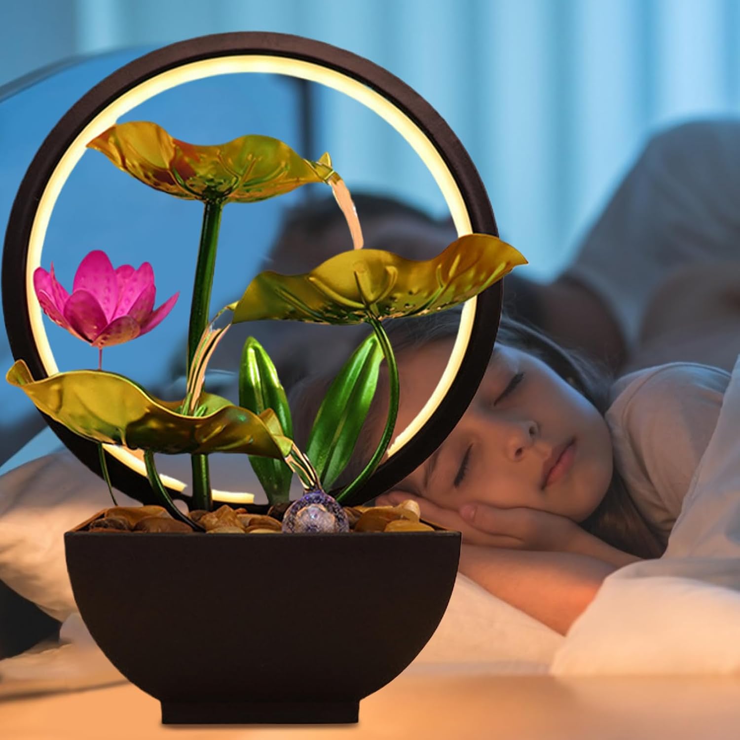 Compact Indoor Waterfall Fountain with LED Lights and USB Power