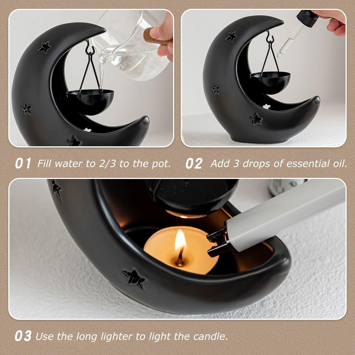 Crescent Moon Ceramic Essential Oil Burner Black