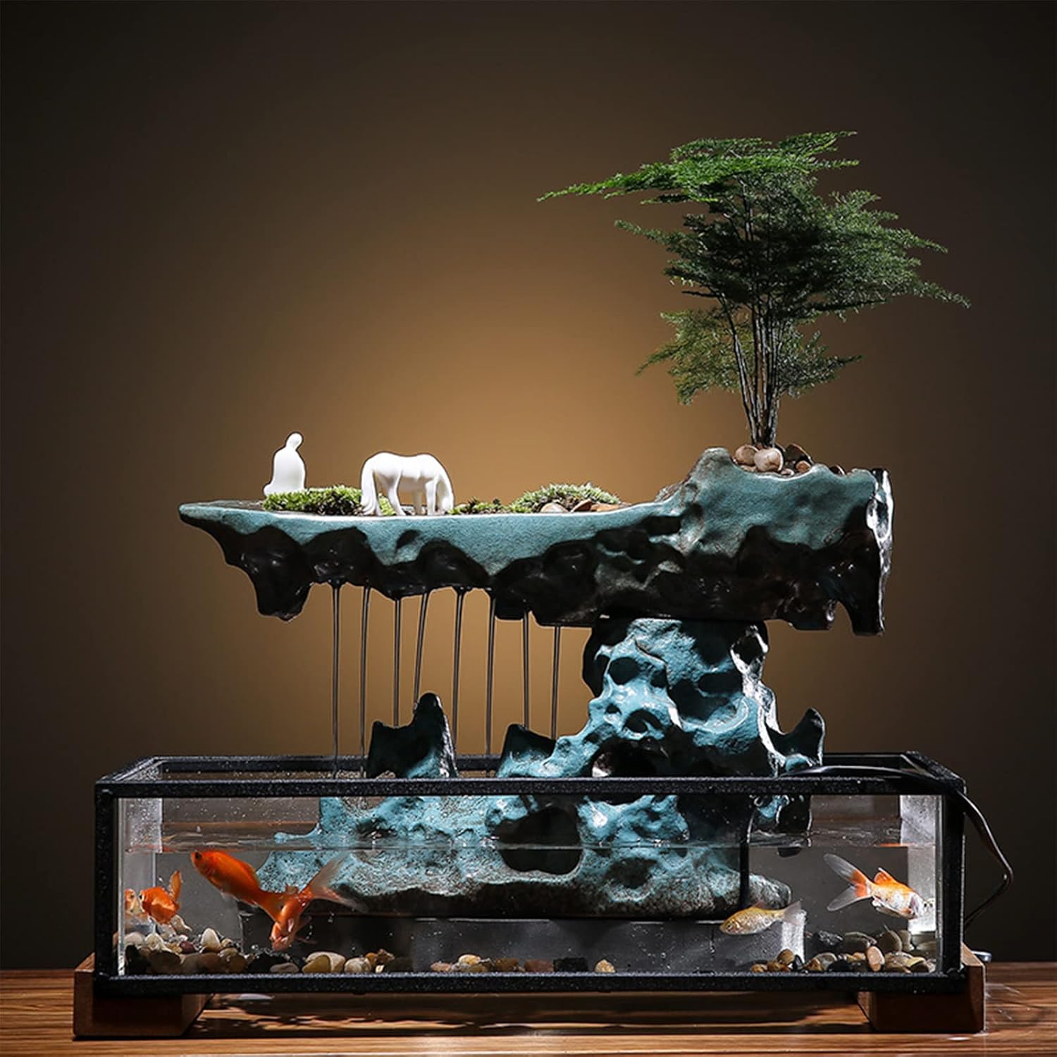 WOHAIPA Tabletop Fountain with Fish Tank and Rockery