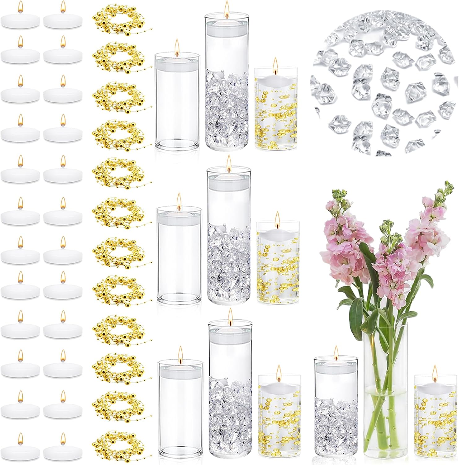 12 Piece Glass Vase Set with Floating Candles and Ice