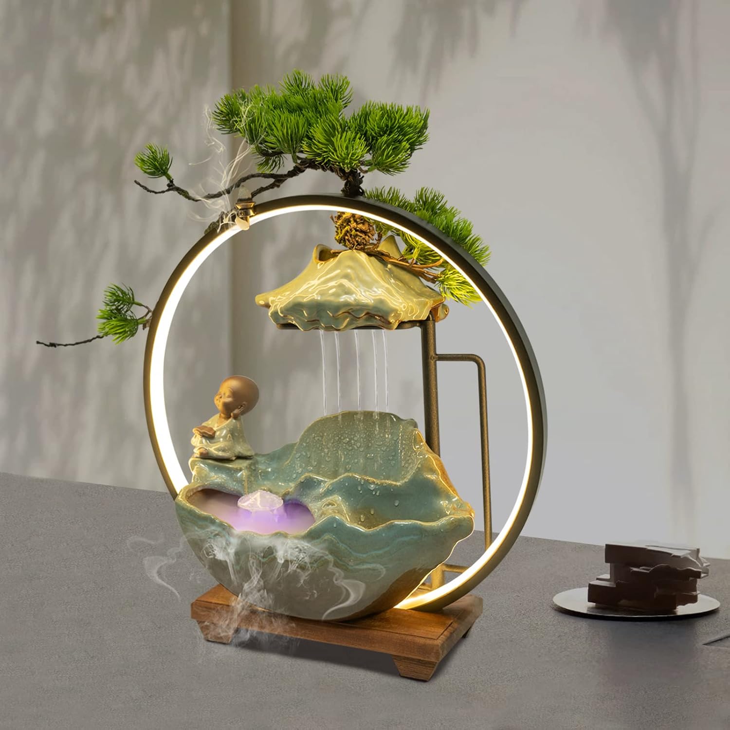 AngelcityCC Tabletop Water Fountain with LED Light and Incense Holder