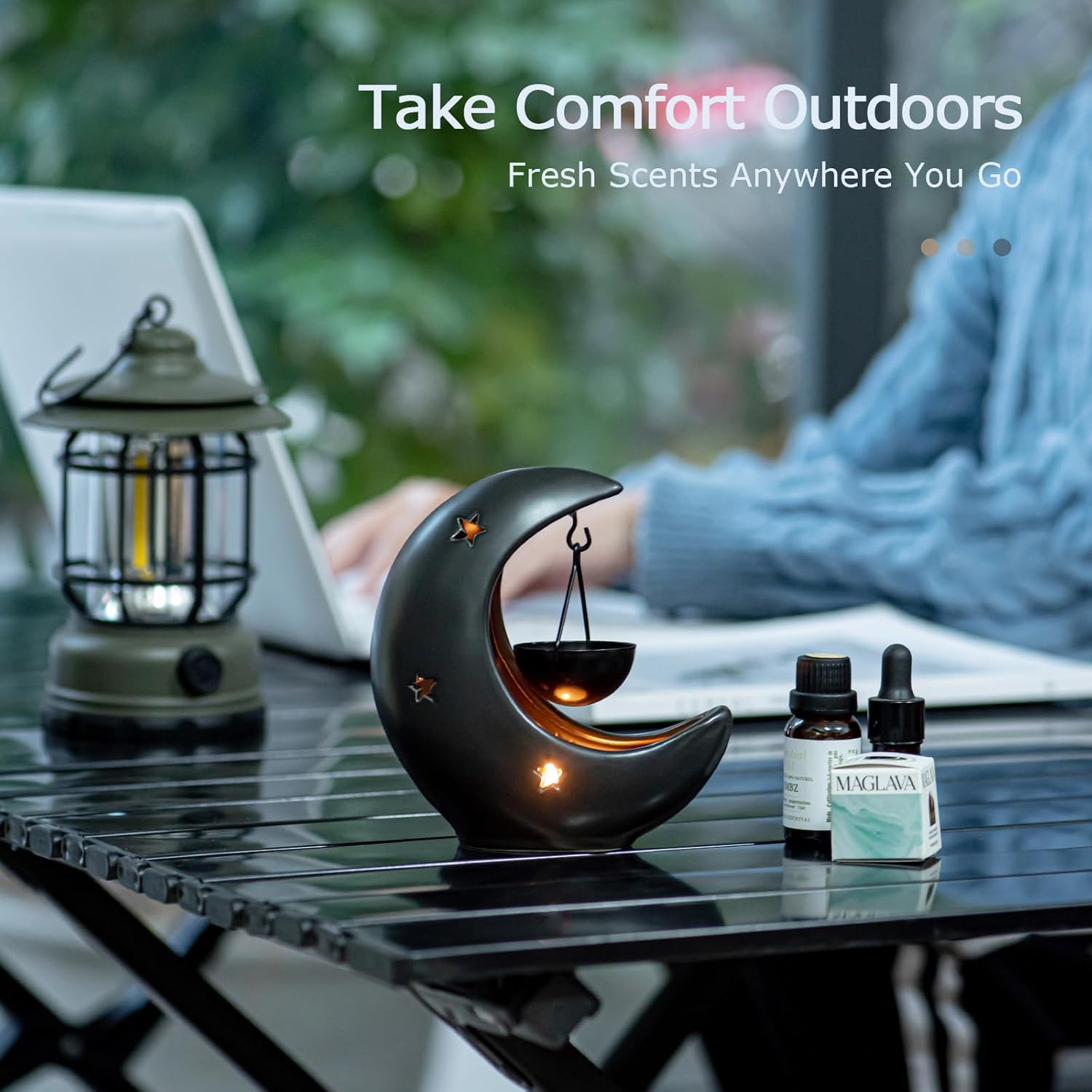 Crescent Moon Ceramic Essential Oil Burner Black