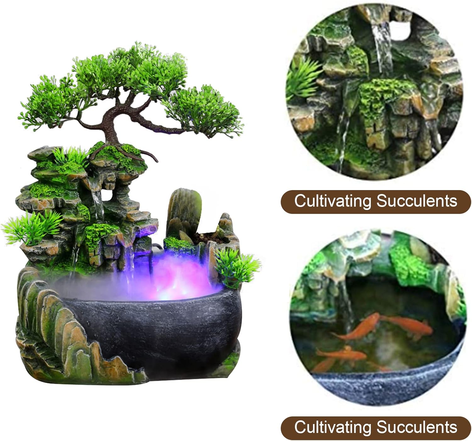 11inch Artificial Desktop Waterfall Bonsai Mini Rock Fountain with LED Lights