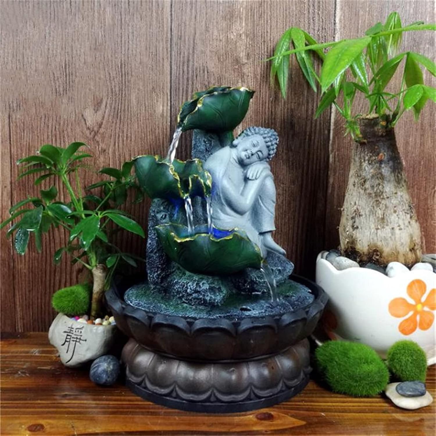 Handmade Sitting Buddha Tabletop Fountain with Running Water LED