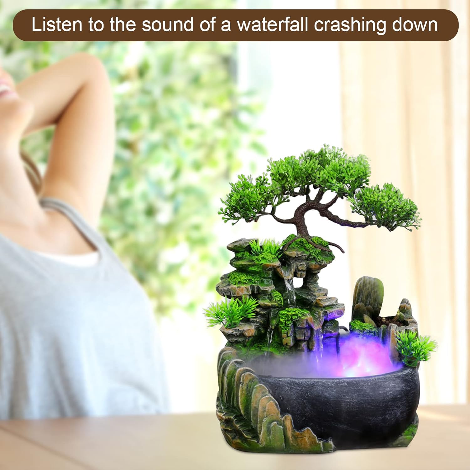 11inch Artificial Desktop Waterfall Bonsai Mini Rock Fountain with LED Lights