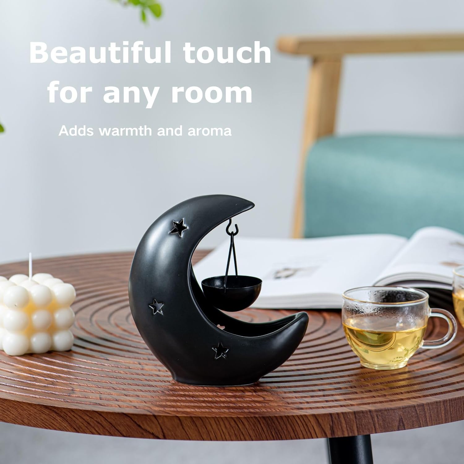 Crescent Moon Ceramic Essential Oil Burner Black