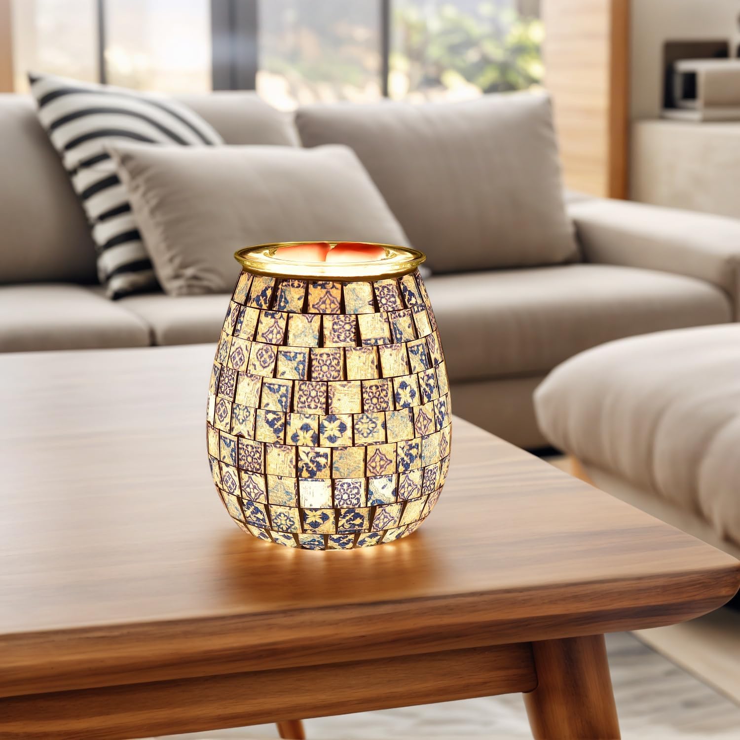 Dicimi Mosaic Glass Wax Warmer with Night Light and Essential Oil Diffuser