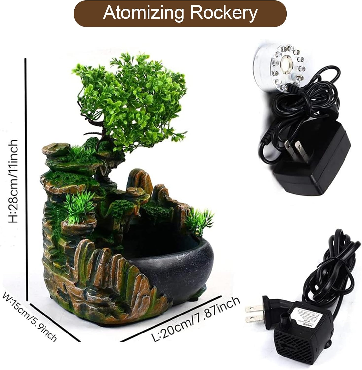 11inch Artificial Desktop Waterfall Bonsai Mini Rock Fountain with LED Lights