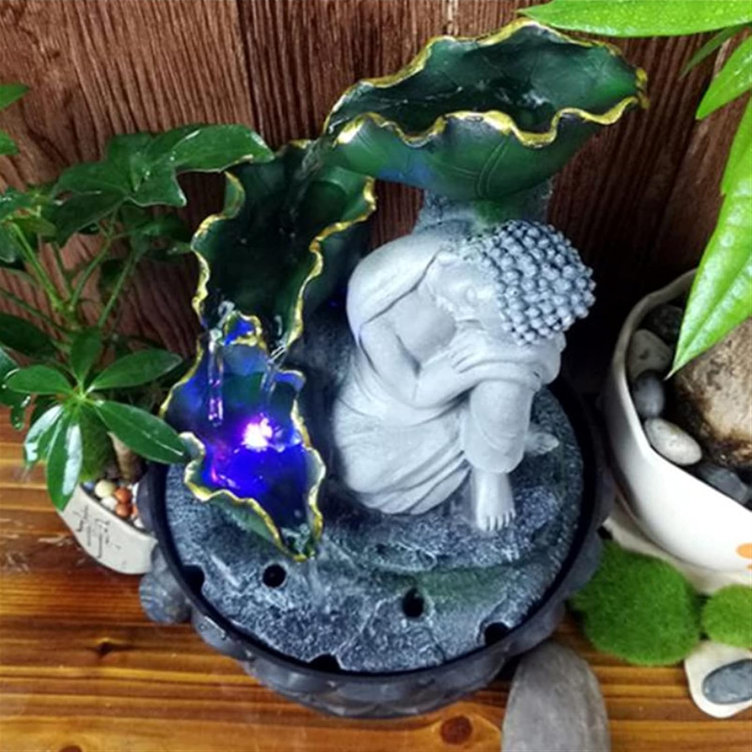 Handmade Sitting Buddha Tabletop Fountain with Running Water LED