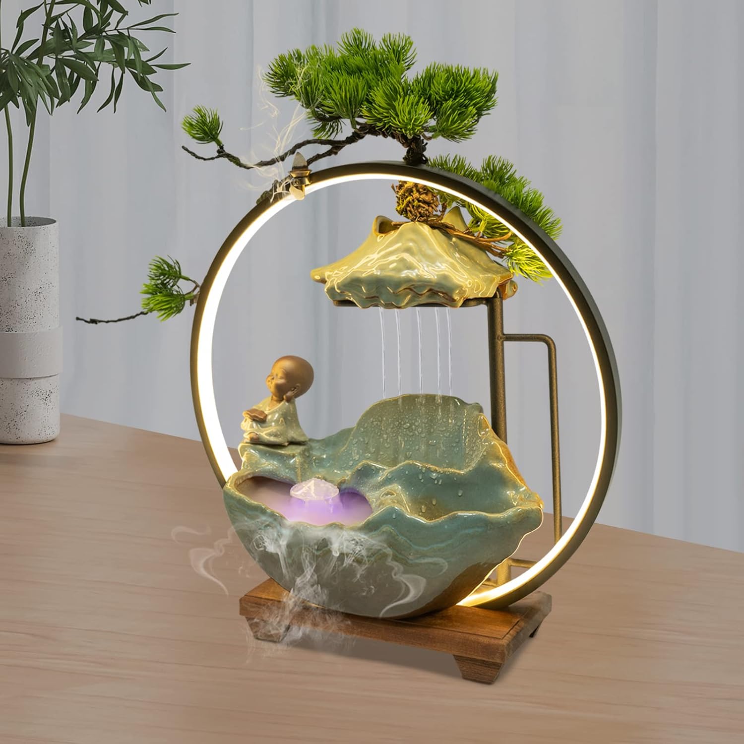 AngelcityCC Tabletop Water Fountain with LED Light and Incense Holder