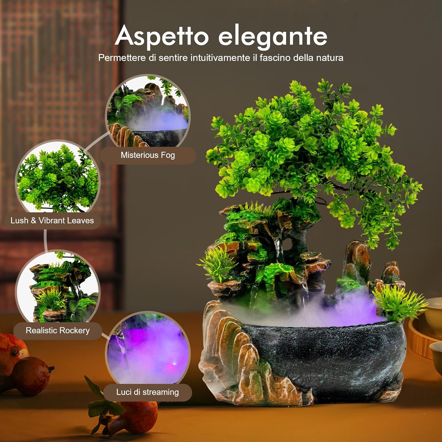 NAIXING Tabletop Water Fountain with LED Light and Mist Maker