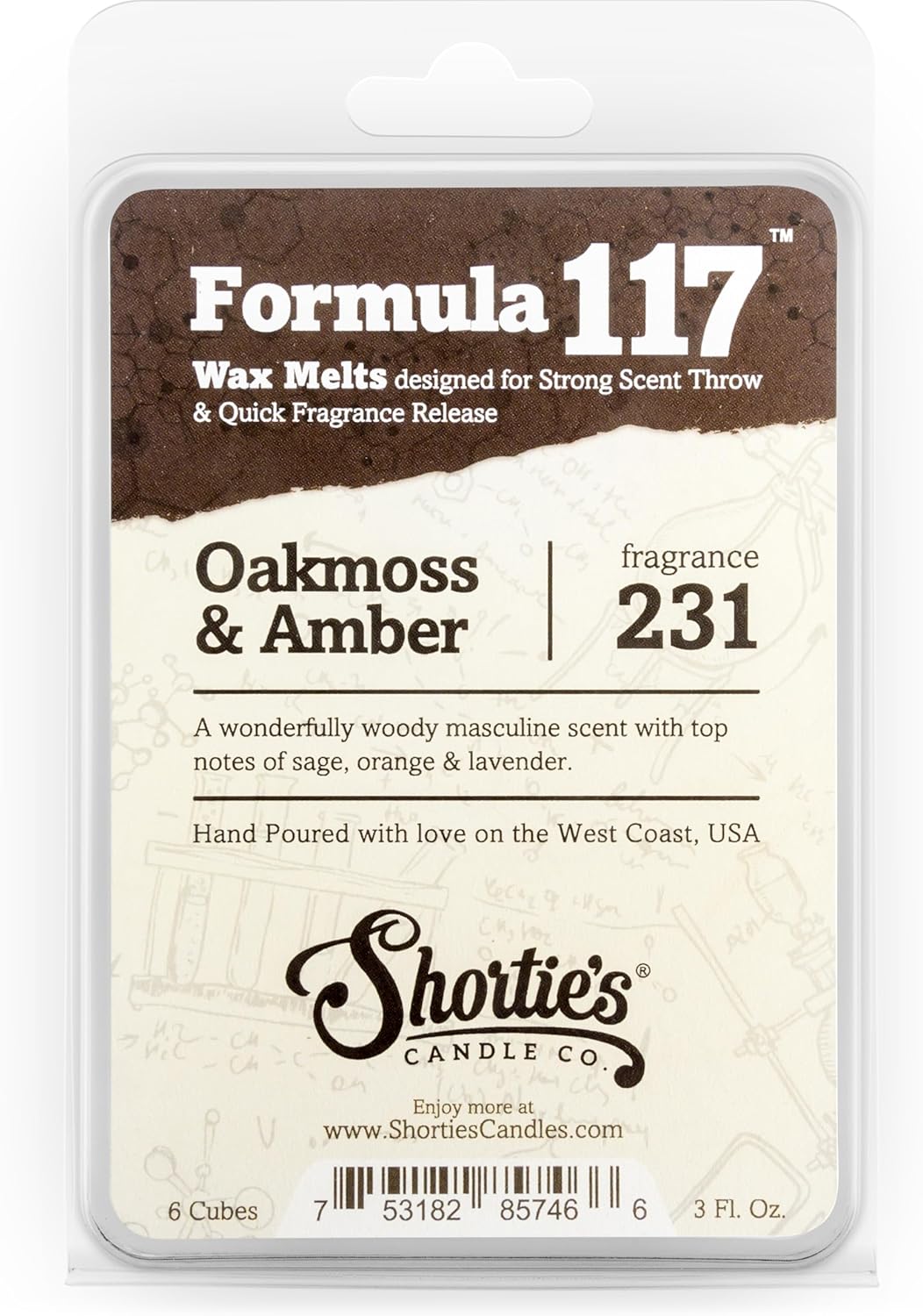 Shorties Candle Company Oakmoss Amber Wax Melts 3 Oz Bar