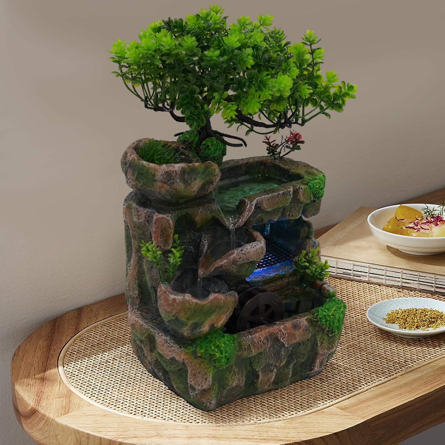 Mini Waterfall Tabletop Fountain with LED Lights and Automatic Pump